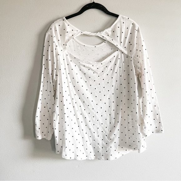 White & Black Polka Dot Cotton 3/4 Sleeve Scoop Neck Cut Out Twist Keyhole Large - Picture 2 of 6